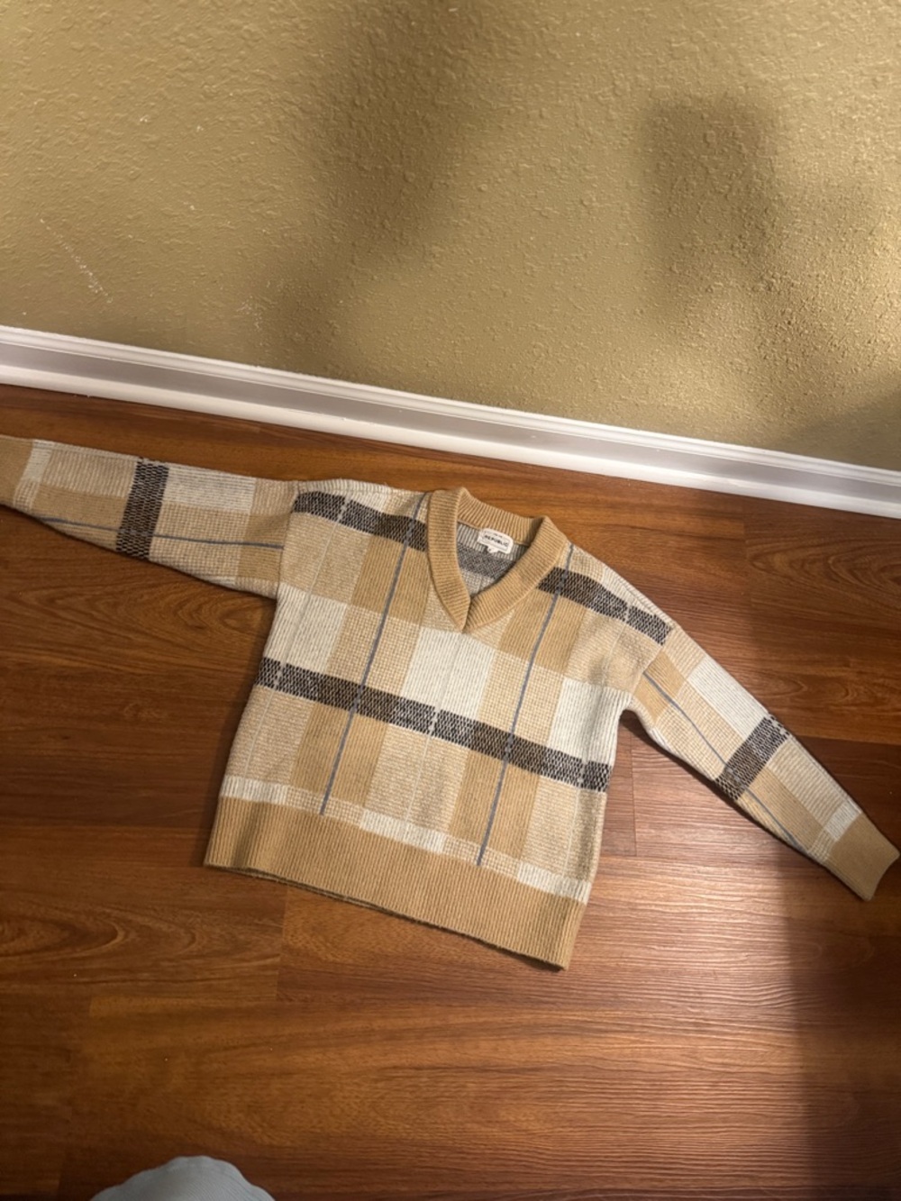 For The Republic V-Neck Sweater in Tan, Cream, and Brown Plaid